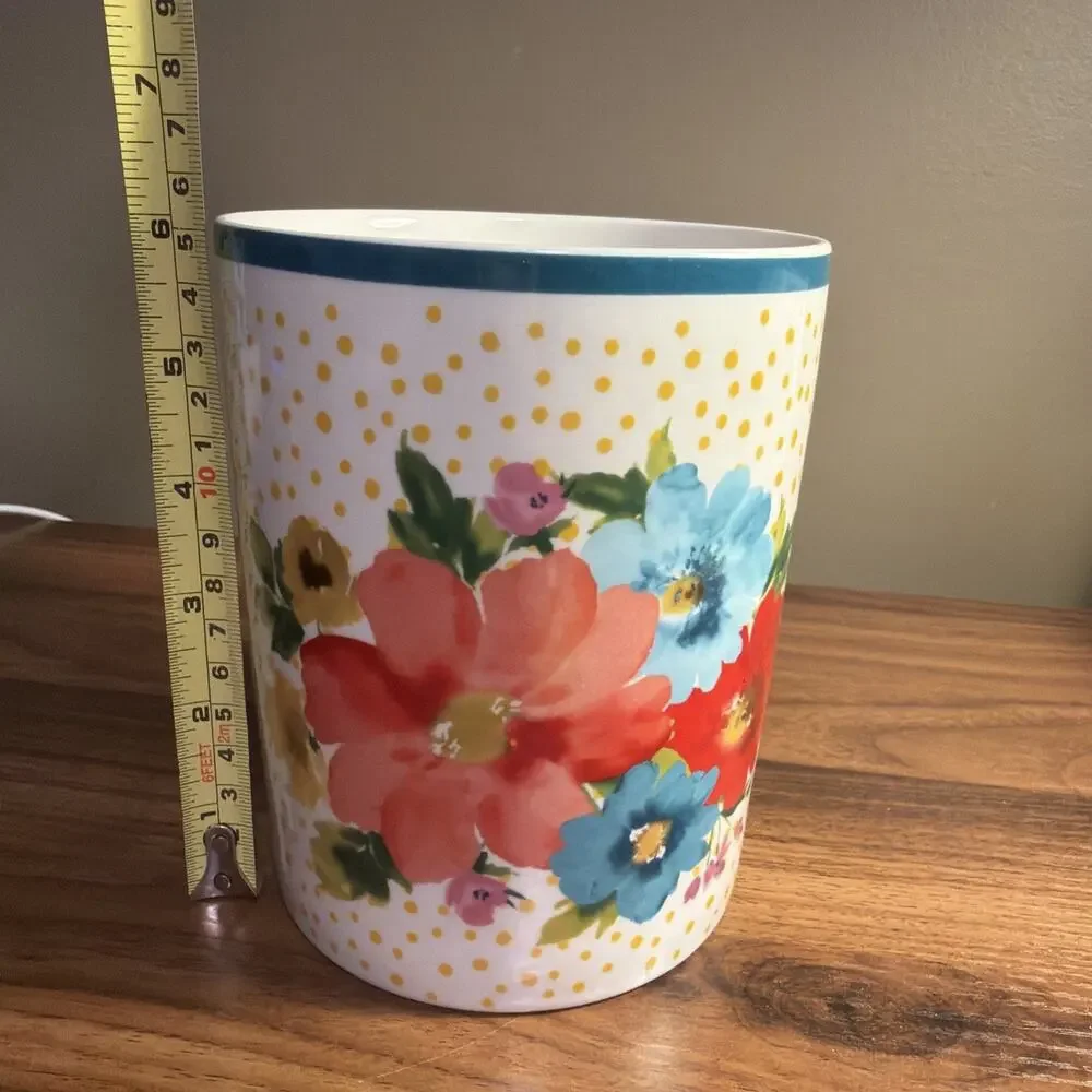 Pioneer Woman Breezy Blossom Crock Utensil Holder Floral w/ Yellow Polka Dots 6”